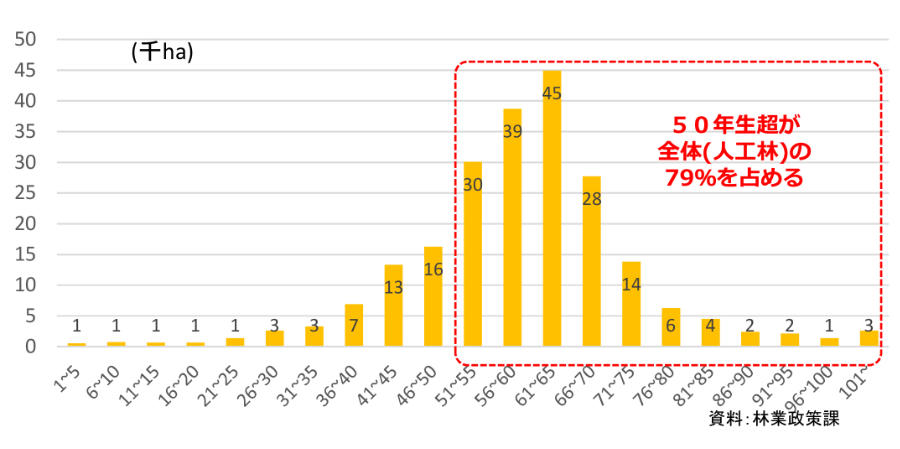 県内の民有林人工林の林齢別面積